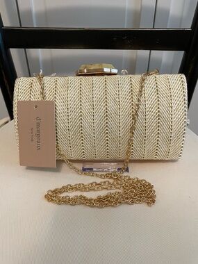 d,Margeaux Cream Woven Clutch with Gold Chain Strap